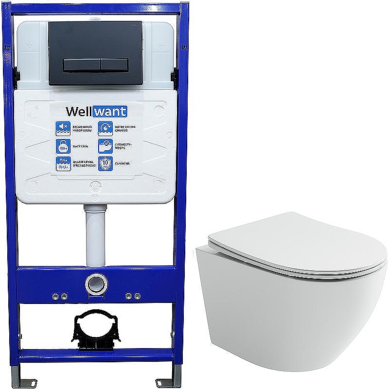 Комплект унитаза Ceramicanova Uno Rimless CN11001 с инсталляцией WellWant Standart 50 WWISI111BB с сиденьем Микролифт и Черной матовой клавишей смыва