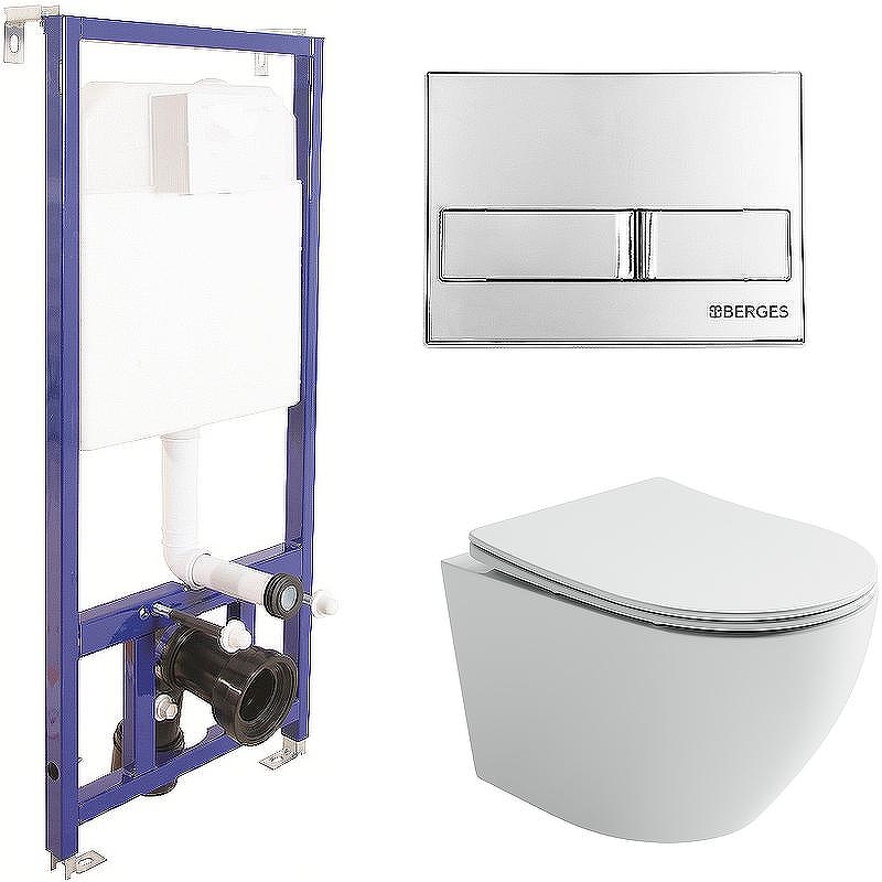 Комплект унитаза Ceramicanova Uno Rimless CN11001 с инсталляцией Berges Novum L3 040213 с сиденьем Микролифт и клавишей смыва Хром