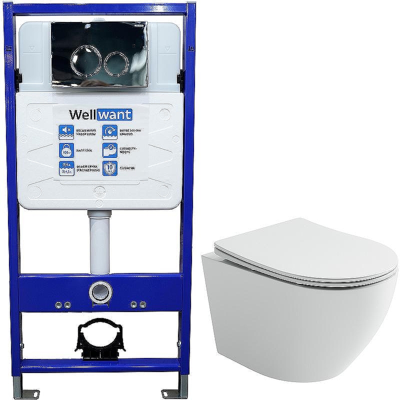 Комплект унитаза Ceramicanova Uno Rimless CN11001 с инсталляцией WellWant Standart 50 WWISI1110B с сиденьем Микролифт и клавишей смыва Хром глянцевый