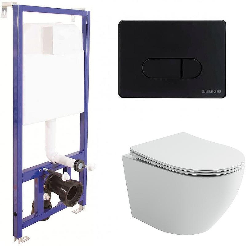 Комплект унитаза Ceramicanova Uno Rimless CN11001 с инсталляцией Berges Novum D5 040235 с сиденьем Микролифт и Черной матовой клавишей смыва