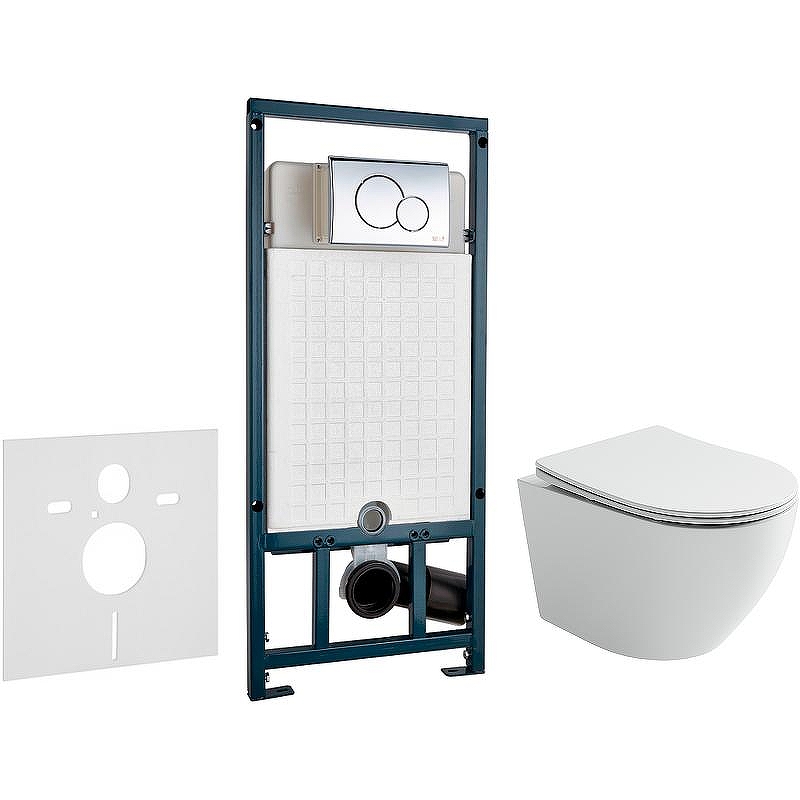 Комплект унитаза Ceramicanova Uno Rimless CN11001 с сиденьем Микролифт и инсталляцией WeltWasser WW Marberg 507 10000005949+10000005952 с клавишей смыва Хром глянцевый