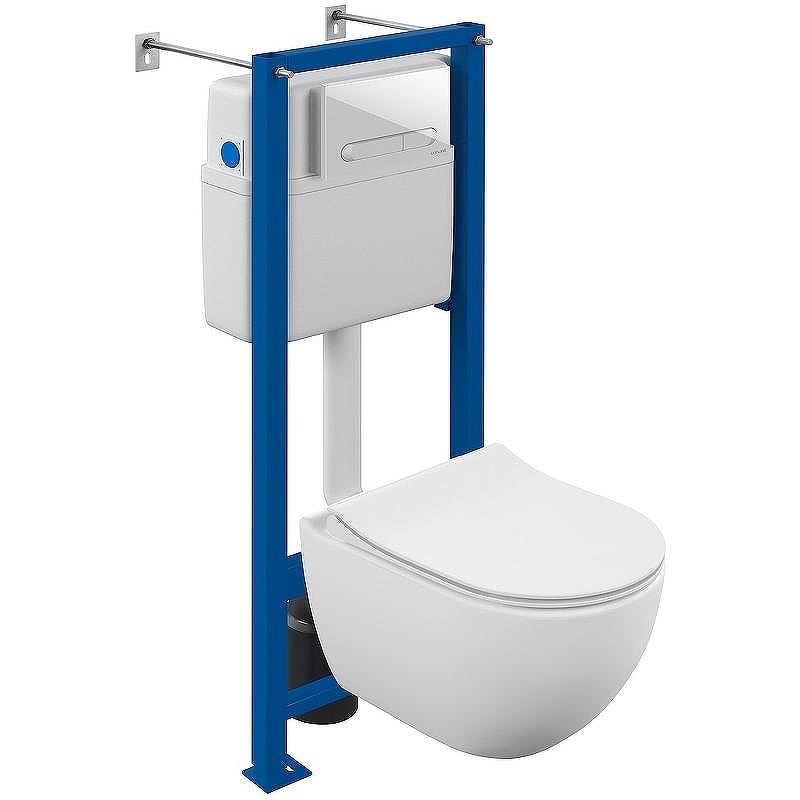 Комплект унитаза Cersanit Brasko Smart CO DPL EO Slim с сиденьем Микролифт и инсталляцией Vector 68304 с Белой клавишей смыва