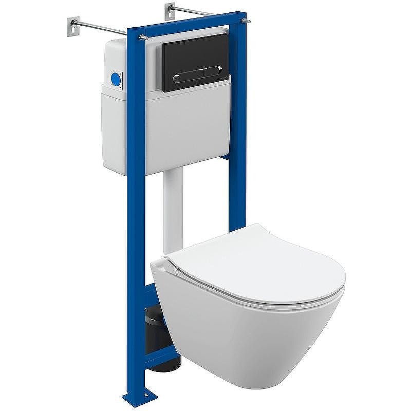 Комплект унитаза Cersanit City Smart CO DPL EO Slim с сиденьем Микролифт и инсталляцией Vector 68305 с клавишей смыва Черный матовый Хром