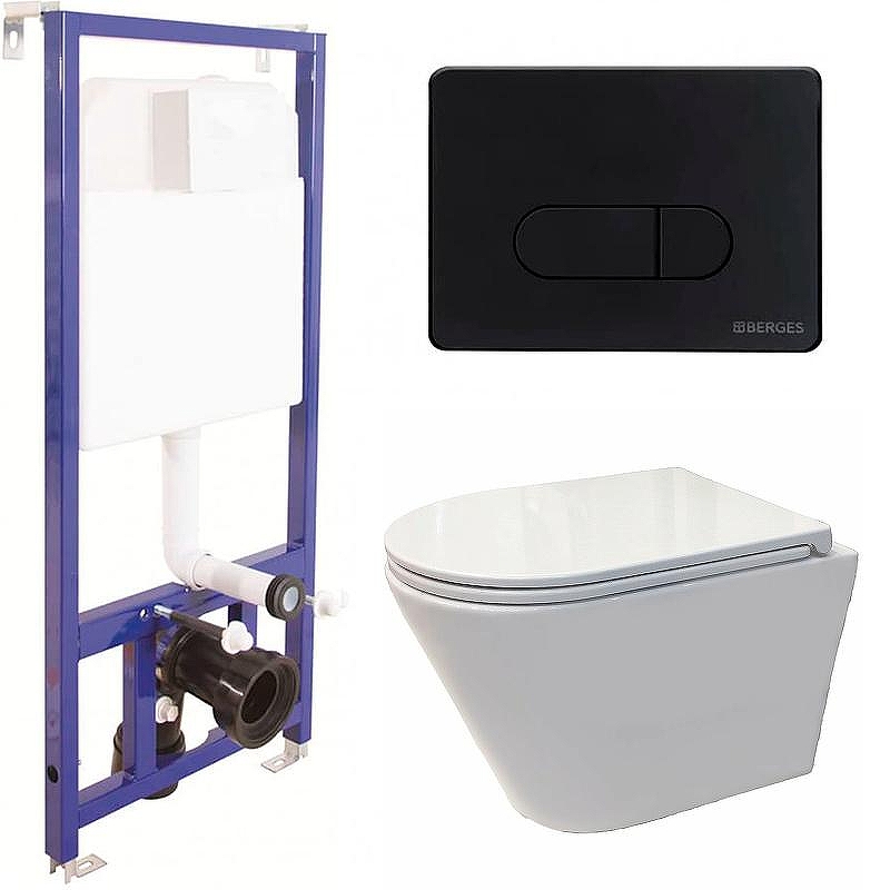 Комплект унитаза Koller Pool Orion OR-0515-RW с инсталляцией Berges Wasserhaus Novum D5 040235 с сиденьем Микролифт и Черной матовой клавишей смыва
