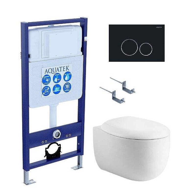 Комплект унитаза с инсталляцией Aquatek Set Aquatek Альтаир cm-020 4в1 с сиденьем Микролифт и Черной матовой клавишей смыва