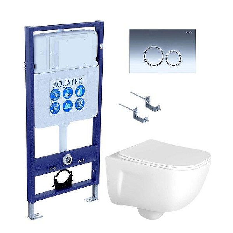 Комплект унитаза с инсталляцией Aquatek Set Aquatek Дива-018 4в1 с сиденьем Микролифт и клавишей смыва Хром глянцевый