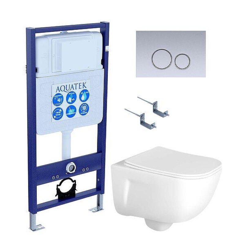 Комплект унитаза с инсталляцией Aquatek Set Aquatek Дива-019 4в1 с сиденьем Микролифт и клавишей смыва Хром матовый