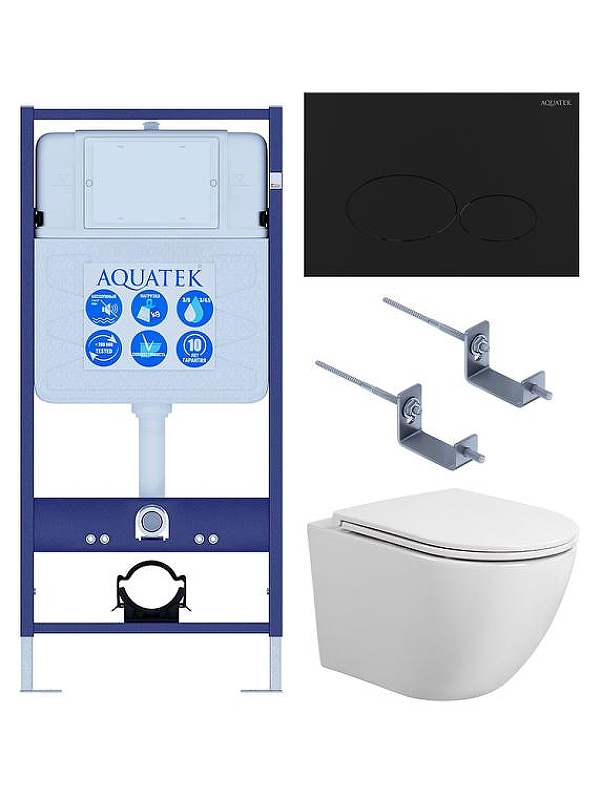 Комплект унитаза с инсталляцией Aquatek Set Aquatek Европа T KDI74 цвет Белый с сиденьем Микролифт и клавишей смыва цвет Черный матовый