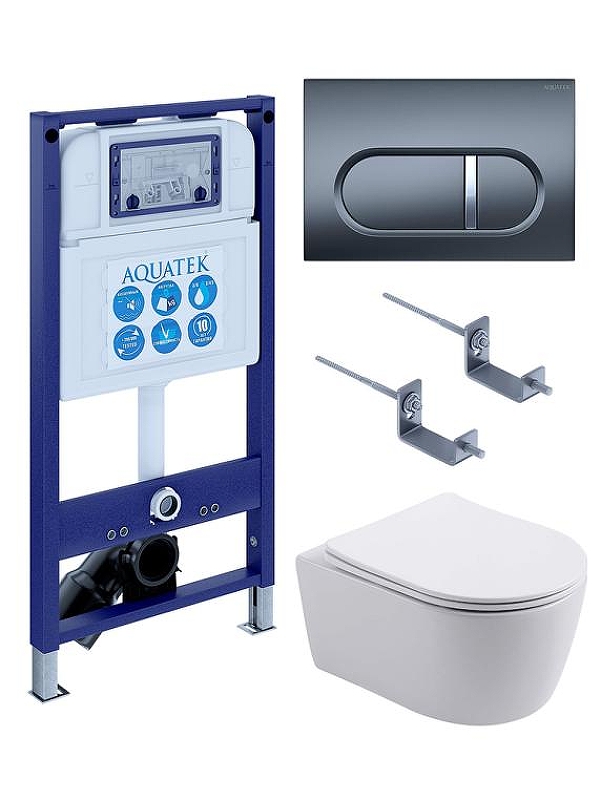 Комплект унитаза с инсталляцией Aquatek Set Aquatek Европа New-050 4в1 цвет Белый с сиденьем Микролифт и клавишей смыва цвет Оружейная сталь
