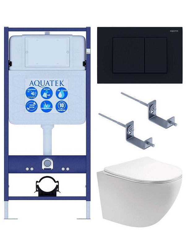 Комплект унитаза с инсталляцией Aquatek Set Aquatek Европа-012 4в1 цвет Белый с сиденьем Микролифт и клавишей смыва цвет Черный матовый