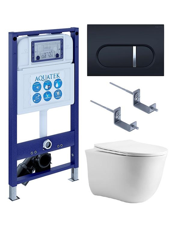 Комплект унитаза с инсталляцией Aquatek Set Aquatek Классик cm-045 4в1 цвет Белый с сиденьем Микролифт и клавишей смыва цвет Черный матовый