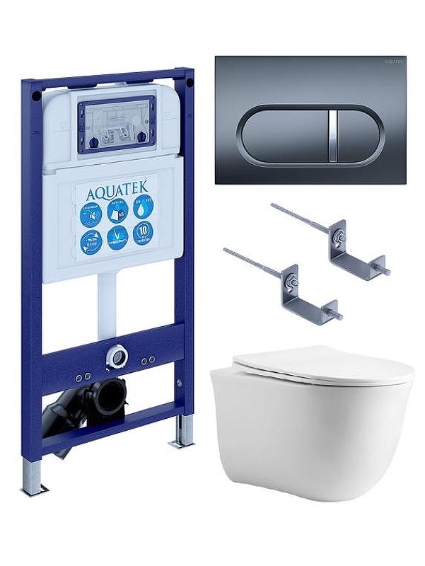 Комплект унитаза с инсталляцией Aquatek Set Aquatek Классик cm-050 4в1 цвет Белый с сиденьем Микролифт и клавишей смыва цвет Оружейная сталь