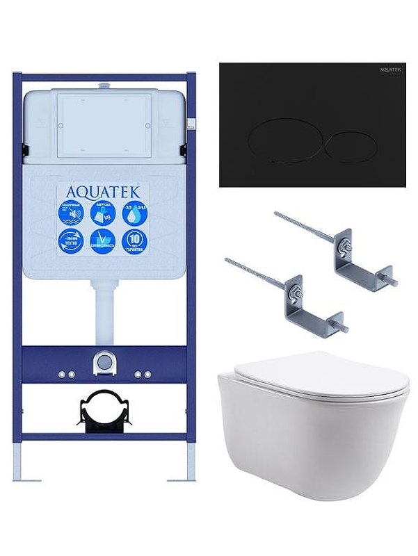 Комплект унитаза с инсталляцией Aquatek Set Aquatek Классик-074 4в1 цвет Белый с сиденьем Микролифт и клавишей смыва цвет Черный матовый