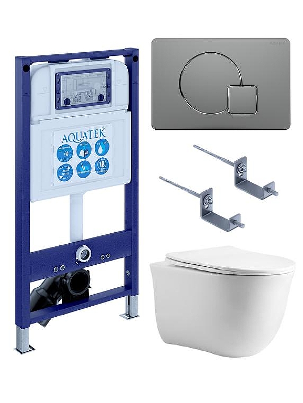 Комплект унитаза с инсталляцией Aquatek Set Aquatek Классик cm-070 4в1 цвет Белый с сиденьем Микролифт и клавишей смыва цвет Оружейная сталь