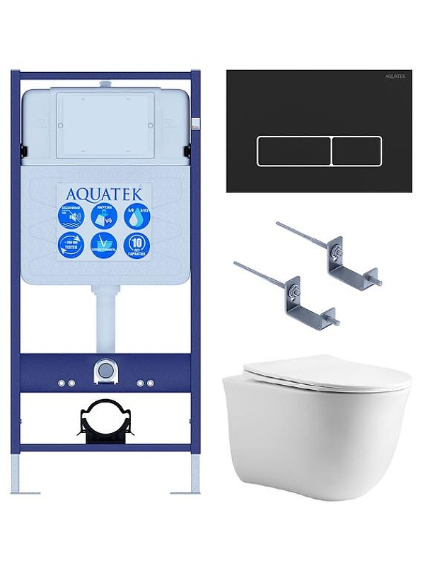 Комплект унитаза с инсталляцией Aquatek Set Aquatek Классик cm-064 4в1 цвет Белый с сиденьем Микролифт и клавишей смыва цвет Черный матовый