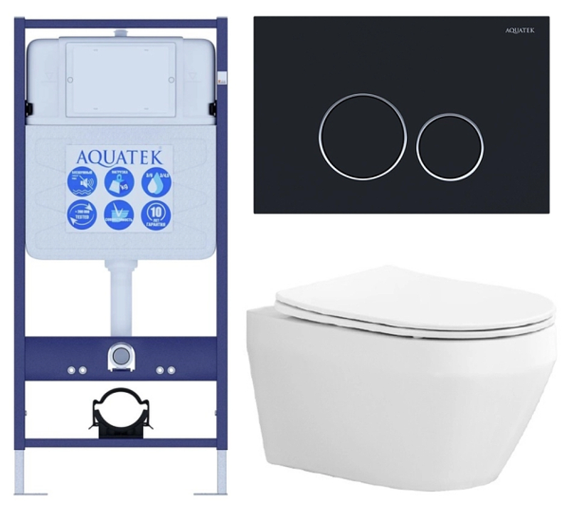 Комплект унитаза с инсталляцией Aquatek Set Aquatek Лея cm-020 4в1 с сиденьем Микролифт и Черной матовой клавишей смыва