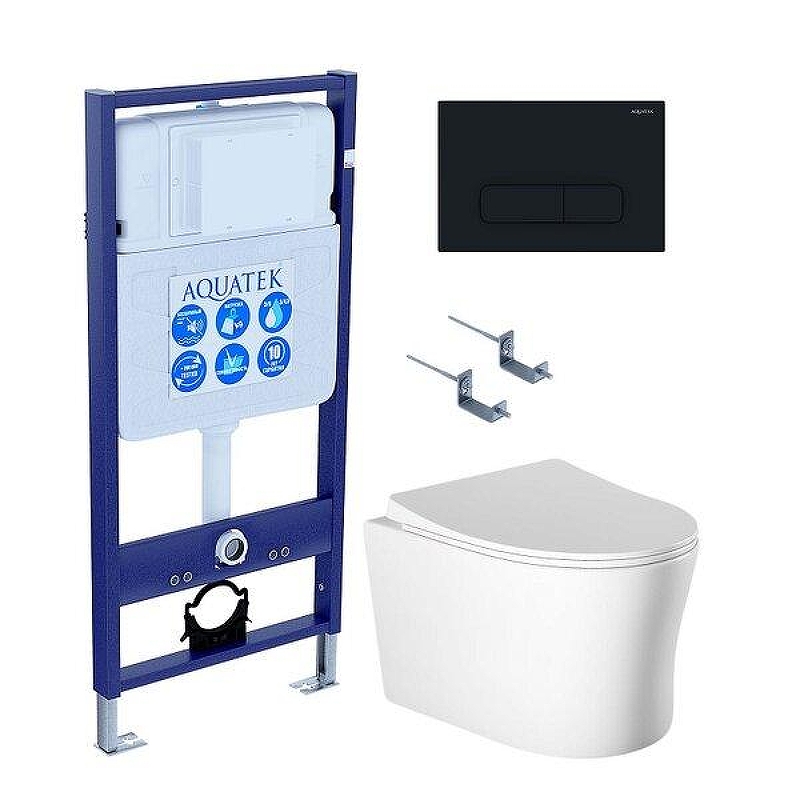 Комплект унитаза с инсталляцией Aquatek Set Aquatek Ника-017 4в1 с сиденьем Микролифт и Черной матовой клавишей смыва