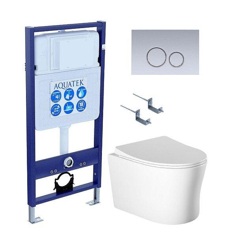 Комплект унитаза с инсталляцией Aquatek Set Aquatek Ника-019 4в1 с сиденьем Микролифт и клавишей смыва Хром матовый