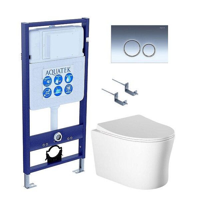 Комплект унитаза с инсталляцией Aquatek Set Aquatek Ника-018 4в1 с сиденьем Микролифт и клавишей смыва Хром глянцевый