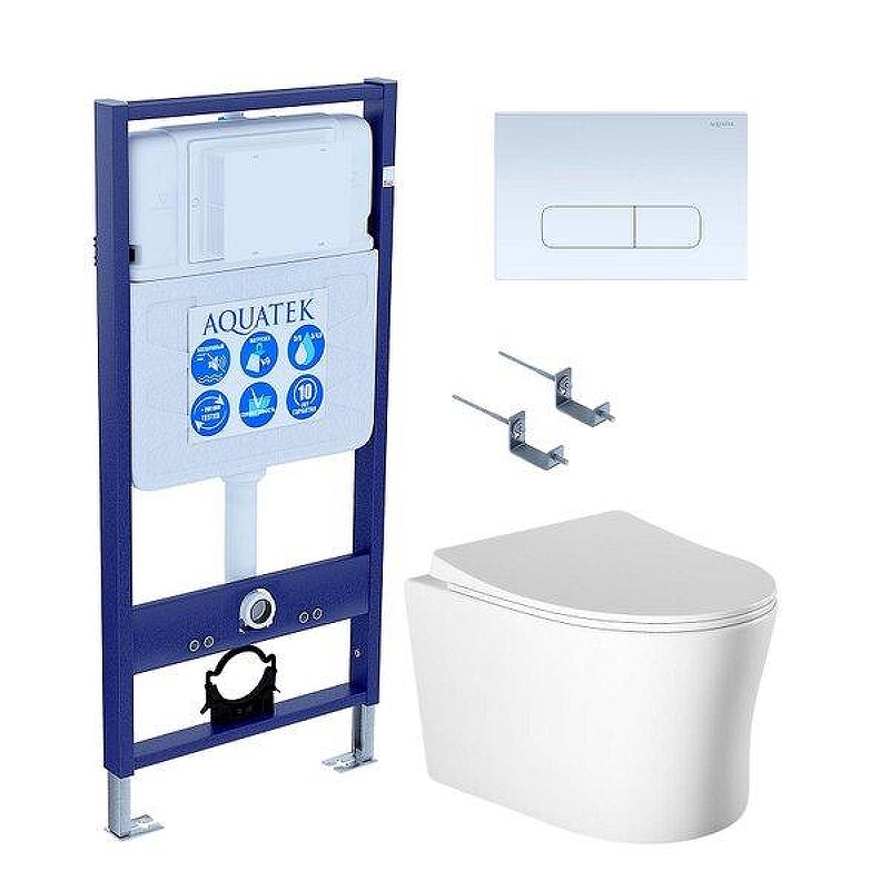 Комплект унитаза с инсталляцией Aquatek Set Aquatek Ника-013 4в1 с сиденьем Микролифт и Белой клавишей смыва
