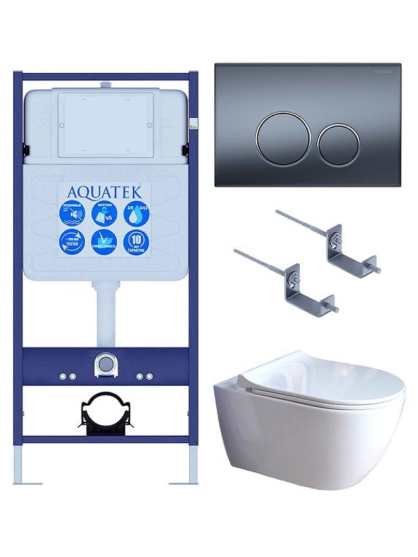 Комплект унитаза с инсталляцией Aquatek Set Aquatek Поларис-01-035 4в1 цвет Белый с сиденьем Микролифт и клавишей смыва цвет Оружейная сталь