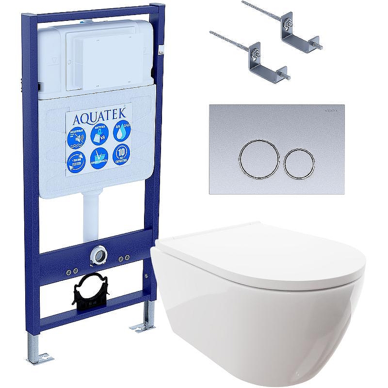 Комплект унитаза с инсталляцией Aquatek Set Aquatek Поларис-019 4в1 с сиденьем Микролифт и клавишей смыва Хром матовый