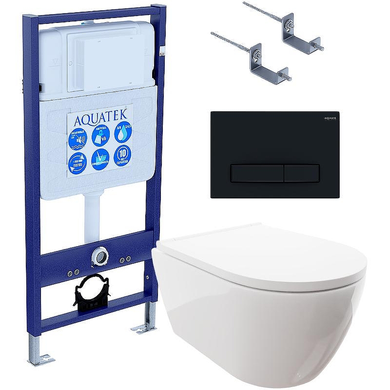 Комплект унитаза с инсталляцией Aquatek Set Aquatek Поларис-025 4в1 с сиденьем Микролифт и Черной матовой клавишей смыва