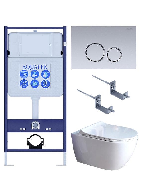 Комплект унитаза с инсталляцией Aquatek Set Aquatek Поларис-01-019 4в1 цвет Белый с сиденьем Микролифт и клавишей смыва цвет Хром глянцевый