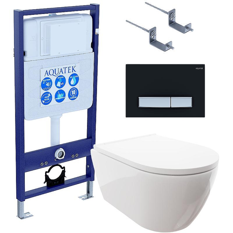 Комплект унитаза с инсталляцией Aquatek Set Aquatek Поларис-026 4в1 с сиденьем Микролифт и Черной матовой клавишей смыва