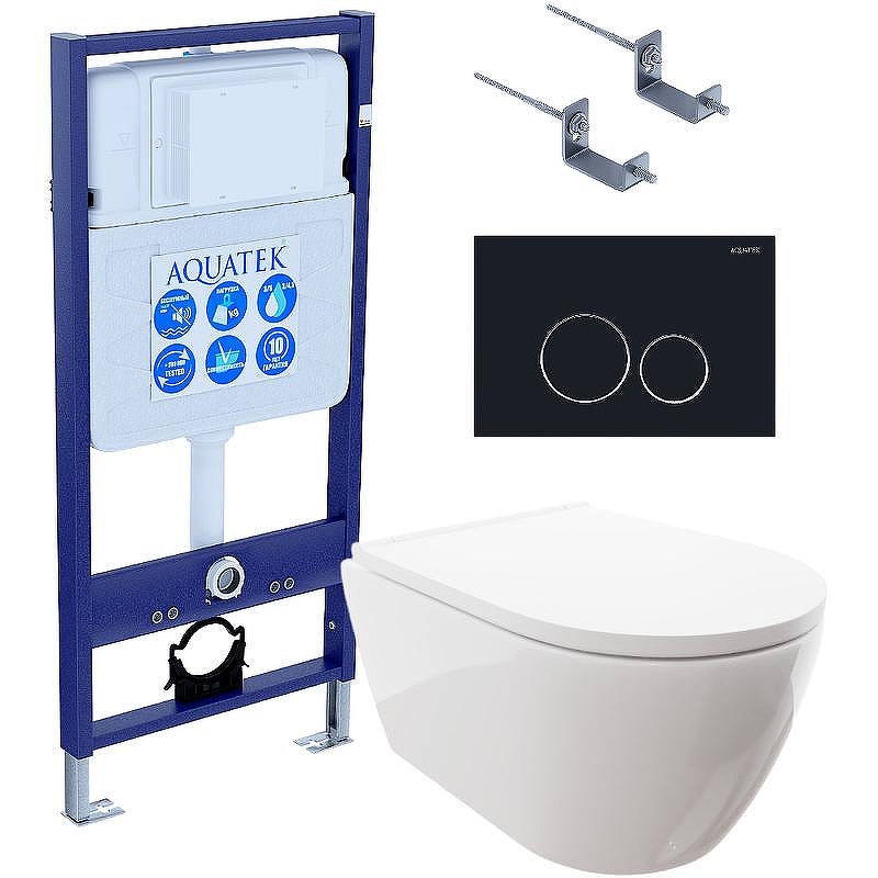 Комплект унитаза с инсталляцией Aquatek Set Aquatek Поларис-020 4в1 с сиденьем Микролифт и Черной матовой клавишей смыва