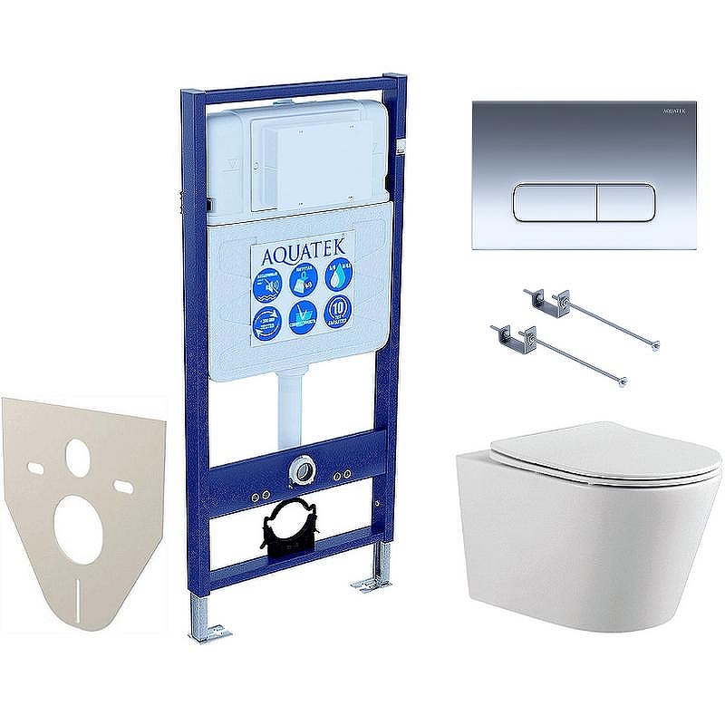 Комплект унитаза с инсталляцией Aquatek Set Aquatek Вега-1905-016 KK-1 с сиденьем Микролифт и клавишей смыва Хром глянцевый