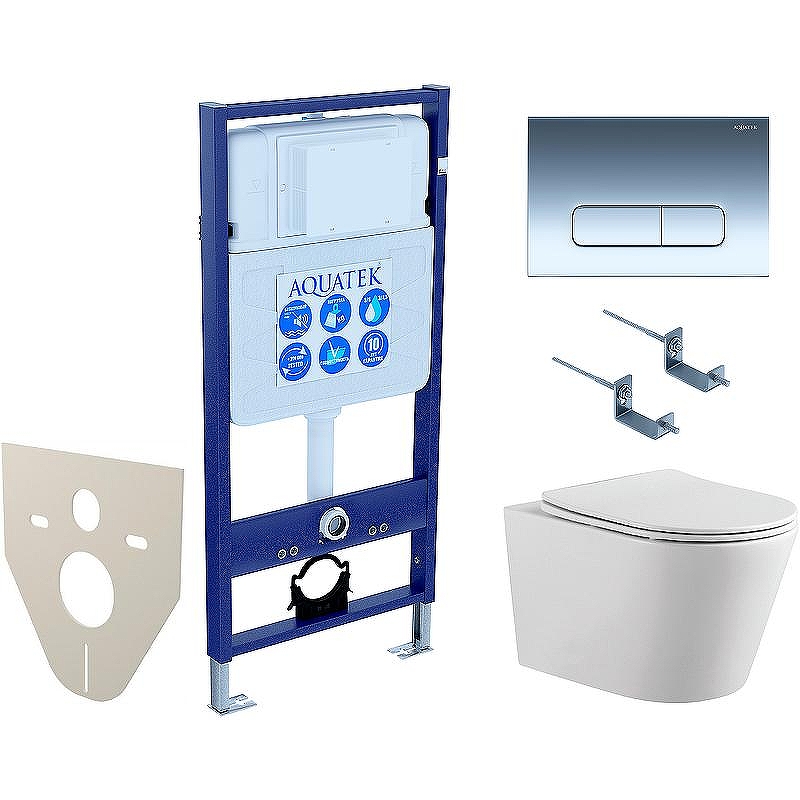 Комплект унитаза с инсталляцией Aquatek Set Aquatek Вега-1905-016 с сиденьем Микролифт и клавишей смыва Хром глянцевый