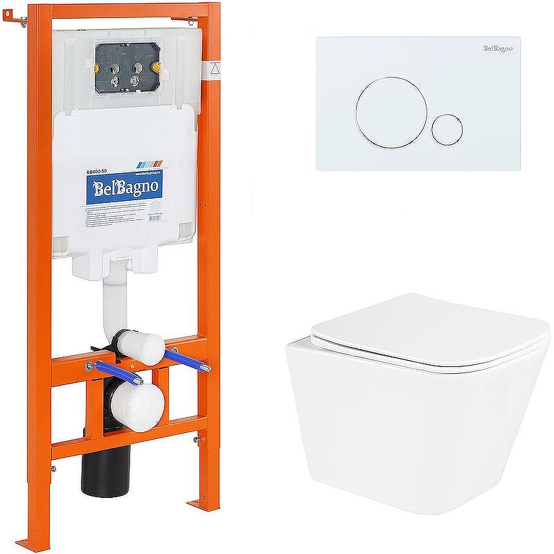 Комплект унитаза с инсталляцией BelBagno Due BB3103CHR/SC/BB002-80/BB014-SR-BIANCO с сиденьем Микролифт и Белой клавишей смыва