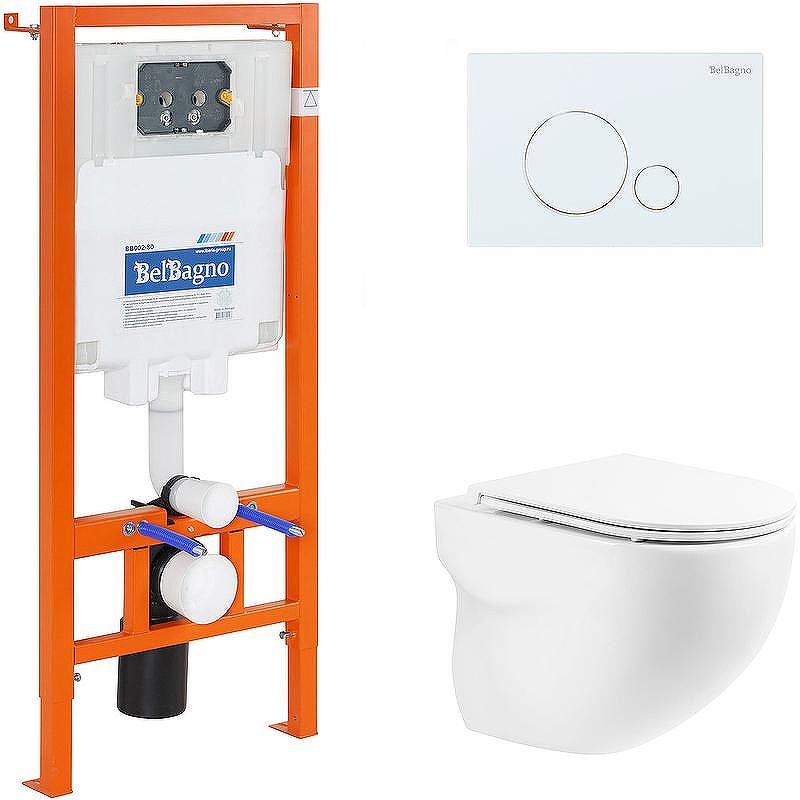 Комплект унитаза с инсталляцией BelBagno Onda BB066CHR/BB870SC/BB002-80/BB014-SR-BIANCO с сиденьем Микролифт и Белой клавишей смыва