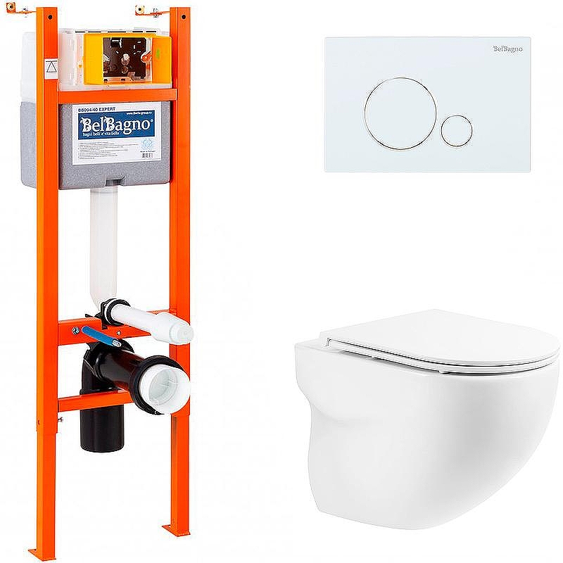 Комплект унитаза с инсталляцией BelBagno Onda BB066CHR/BB870SC/BB004-40 EXPERT/BB014-SR-BIANCO с сиденьем Микролифт и Белой клавишей смыва