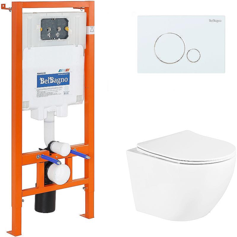 Комплект унитаза с инсталляцией BelBagno Uno BB3105CHR/SC/BB002-80/BB014-SR-BIANCO с сиденьем Микролифт и Белой клавишей смыва