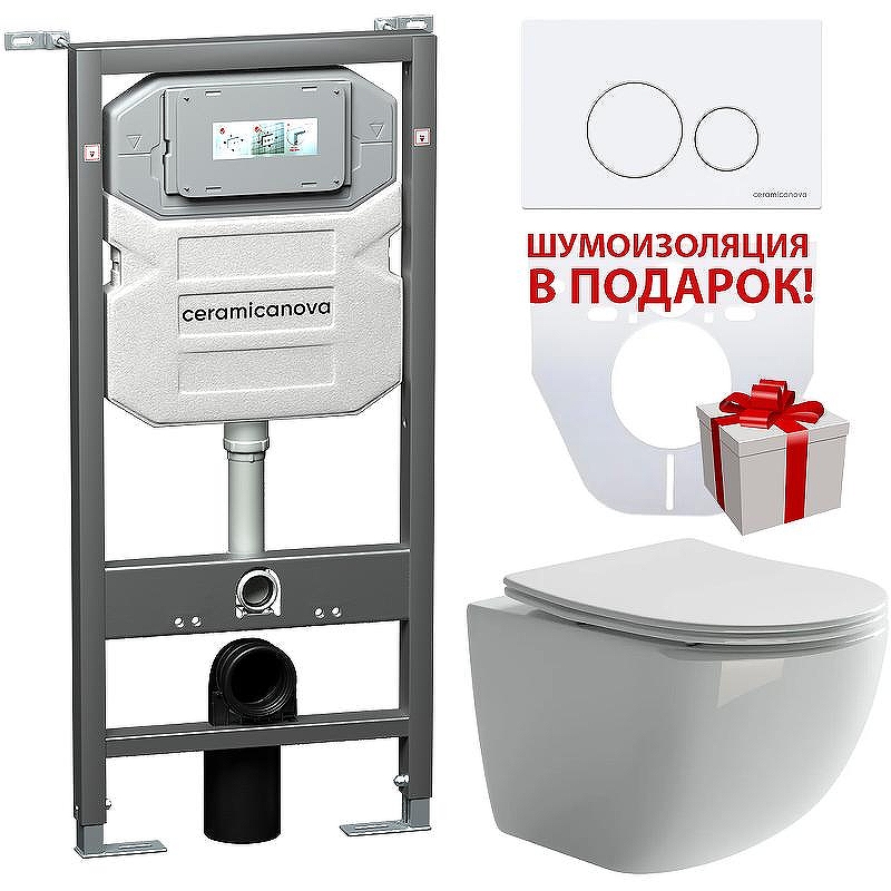 Комплект унитаза с инсталляцией Ceramicanova Forma CN3009_1001W_1000 с сиденьем Микролифт и Белой клавишей смыва