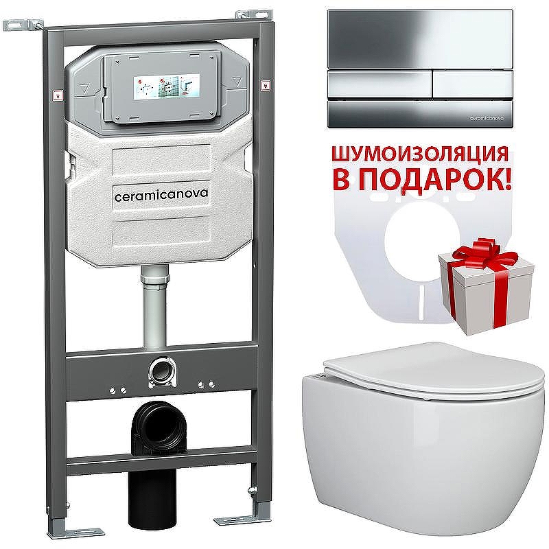 Комплект унитаза с инсталляцией Ceramicanova Metric CN3007_1002CH_1000 с сиденьем Микролифт и клавишей смыва Хром
