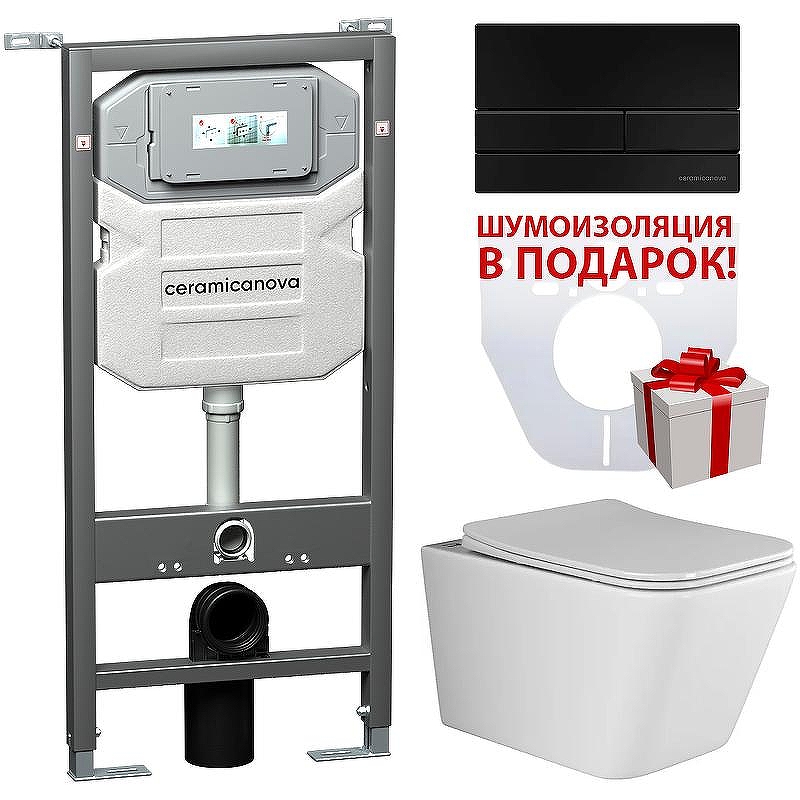 Комплект унитаза с инсталляцией Ceramicanova Metric CN3007_1002B_1000 с сиденьем Микролифт и Черной матовой клавишей смыва