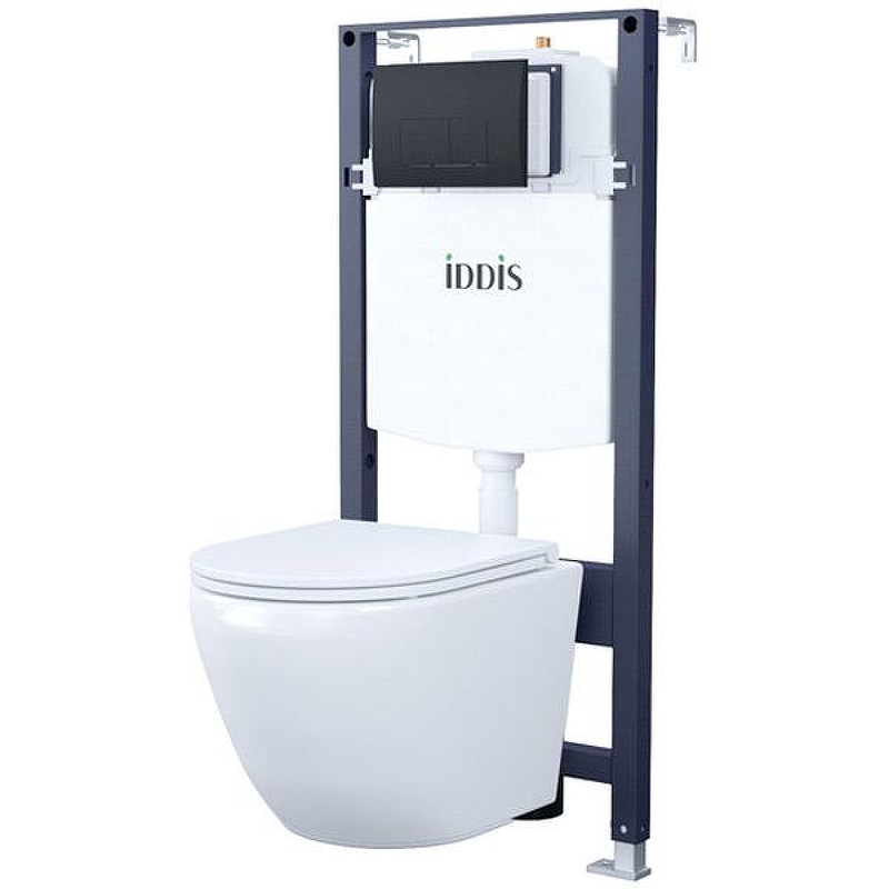 Комплект унитаза с инсталляцией Iddis Basic BASB020i73 с сиденьем Микролифт и Черной матовой клавишей смыва