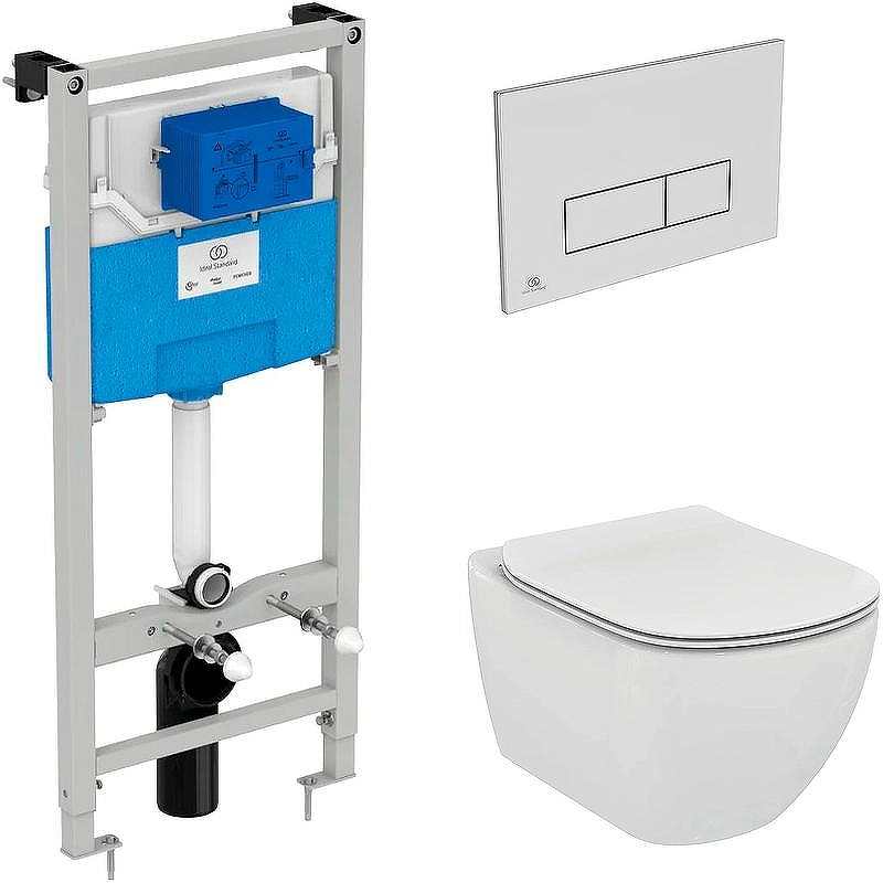 Комплект унитаза с инсталляцией Ideal Standard Tesi Aqua Blade TT00002/121JG с сиденьем Микролифт и клавишей смыва Хром матовый