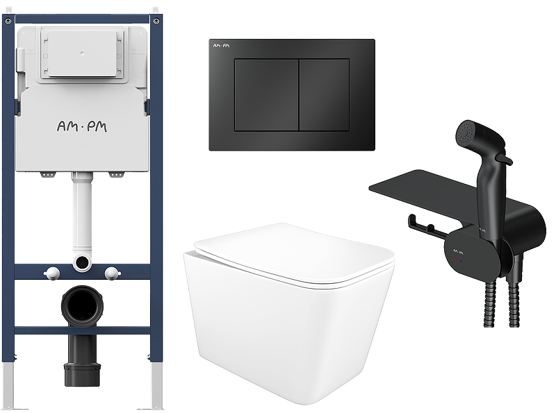Комплект унитаза с инсталляцией STWORKI Молде S23401WH+I012709+I090238 цвет Белый с сиденьем Микролифт с клавишей смыва цвет Черный матовый и гигиеническим душем