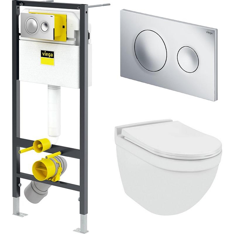 Комплект унитаза с инсталляцией Viega Prevista Dry VIEGA-WC-SET-10 цвет Белый с сиденьем Микролифт и клавишей смыва цвет Хром