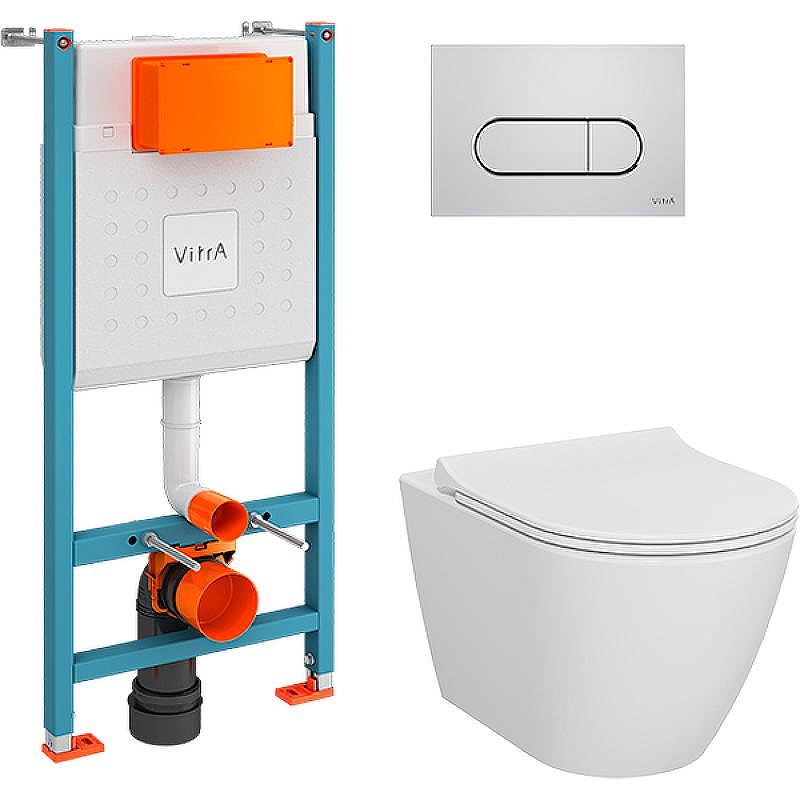 Комплект унитаза с инсталляцией Vitra Sanibelle 9878B003-7200 с сиденьем Микролифт и клавишей смыва Хром глянцевый
