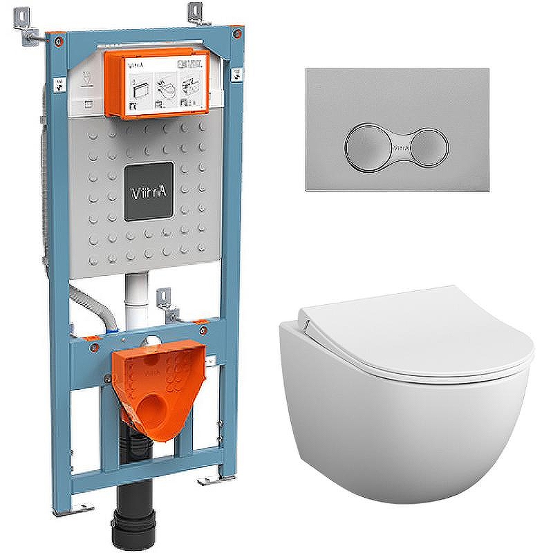 Комплект унитаза с инсталляцией Vitra Sento Rim-Ex 9830B003-7207 с сиденьем Микролифт и клавишей смыва Хром матовый