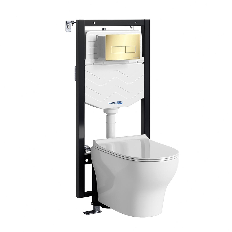 Комплект унитаза с инсталляцией WasserKRAFT Vils 56TLT.010.ME.PG03.H001 цвет Белый с сиденьем Микролифт и клавишей смыва цвет Золото глянцевое
