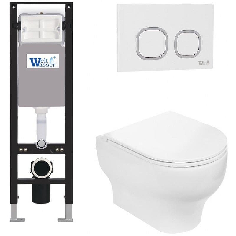 Комплект унитаза с инсталляцией WeltWasser AMBERG 350 + ERLENBACH 004 GL-WT + AMBERG RD-WT 10000012292 цвет Белый глянцевый с сиденьем Микролифт и клавишей смыва цвет Белый