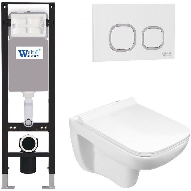 Комплект унитаза с инсталляцией WeltWasser AMBERG 350 + KEHLBACH 004 GL-WT + AMBERG RD-WT 10000012352 цвет Белый глянцевый с сиденьем Микролифт и клавишей смыва цвет Белый