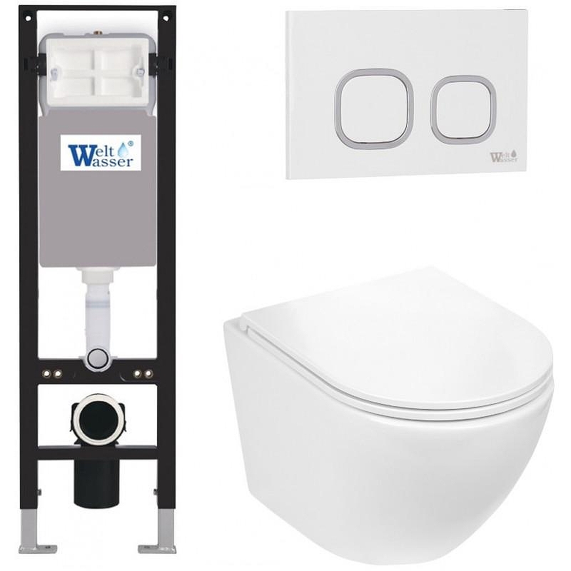 Комплект унитаза с инсталляцией WeltWasser AMBERG 350 + MERZBACH 043 GL-WT + AMBERG RD-WT 10000012377 цвет Белый глянцевый с сиденьем Микролифт и клавишей смыва цвет Белый