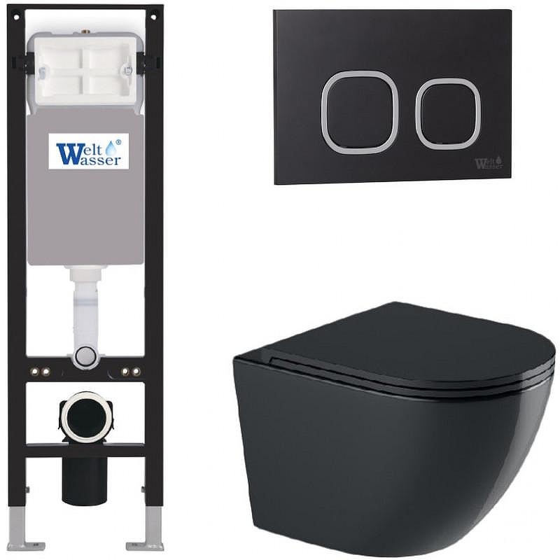 Комплект унитаза с инсталляцией WeltWasser AMBERG 350 + MERZBACH 043 GL-BL + AMBERG RD-BL 10000012369 цвет Черный глянцевый с сиденьем Микролифт и клавишей смыва цвет Черный